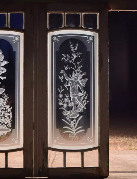 Pair of Antique French Etched Glass Windows Frosted Glass with Cherubs