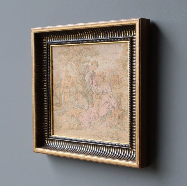 12" Antique French Framed Tapestry of a Courting Scene in Rococo Style