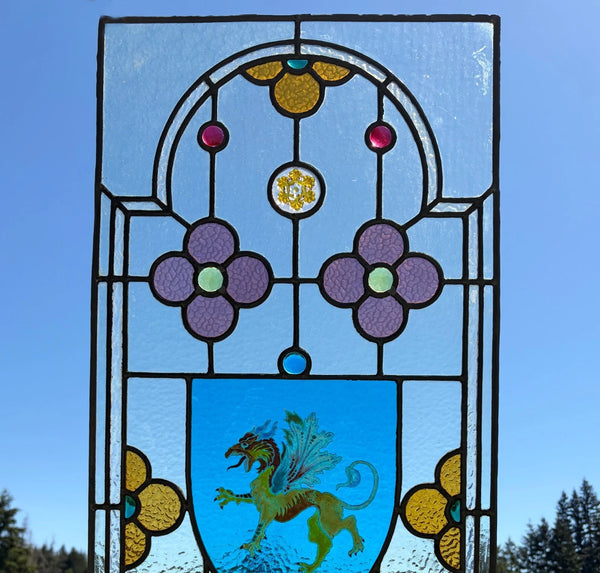 38" Tall Antique French Stained/Leaded Glass Panel w/Griffin and Uranium Glass