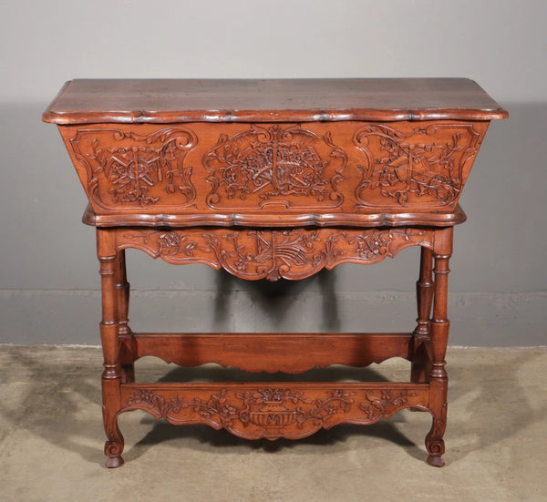Antique French Petrin (Dough Box) in Highly Carved Solid Walnut and Pine Wood