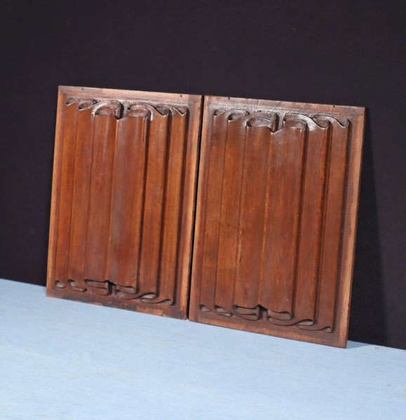 Antique Pair of French Gothic Revival Panels in Walnut w/Linen Fold Carvings