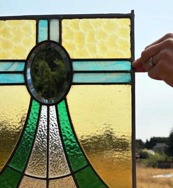 18" Tall Antique French Stained Glass Panel with Leaded Glass, Window, Hanging