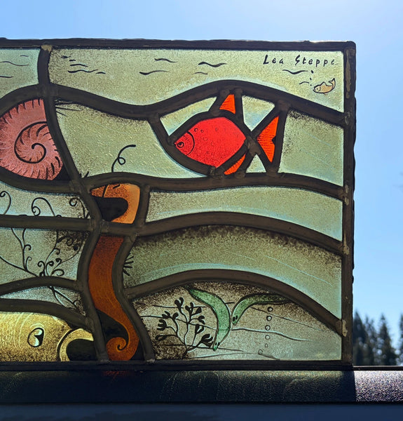 Vintage Dutch Stained/Leaded Glass Panel by Lea Steppe Sea Life Themed
