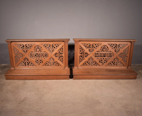 Pair of 59" Long Antique Gothic Revival Oak Wood Prayer Rails With Storage