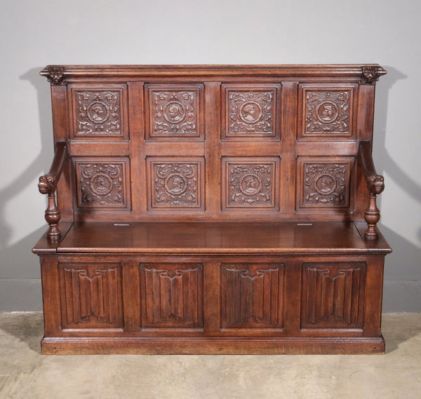 Antique French Renaissance Oak Wood Bench/Settee/Storage Bench with Lions