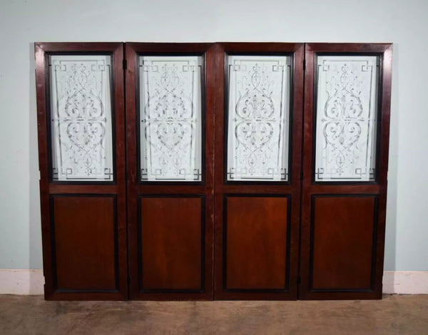 Set of 4 Antique French Etched Glass Doors Frosted Glass with Pattern