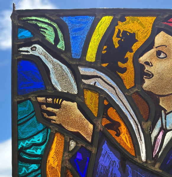 7" Tall Vintage Belgian Stained/Leaded Glass Panel Of Albrecht Rodenbach