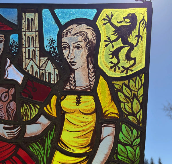 20" Tall Vintage Belgian/Flanders Stained/Leaded Glass Panel of Thyl and Nele