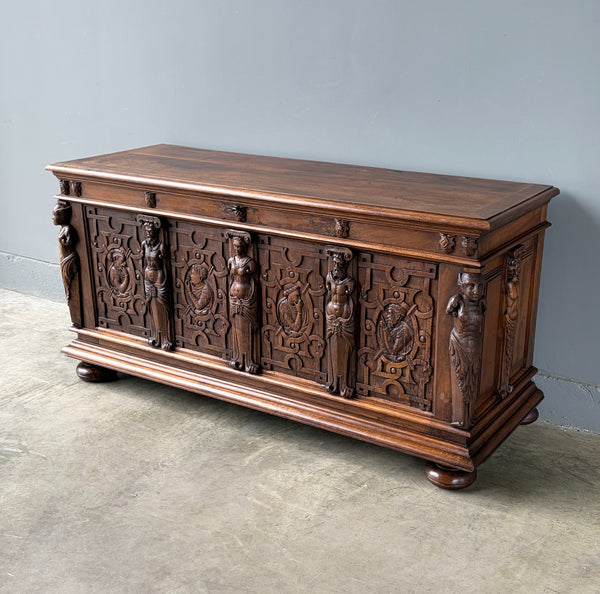 Antique French Renaissance Chest/Trunk/Sideboard Solid Walnut Detailed Carvings