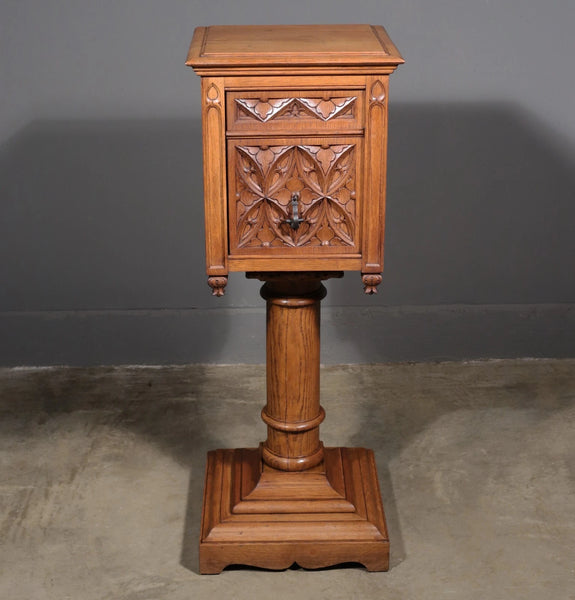 Vintage French Gothic Revival Stand, Cabinet, End Table Highly Carved Oak Wood