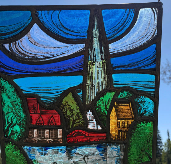 14" Tall Vintage Belgian/Flanders Stained/Leaded Glass Panel of Bruges Belgium