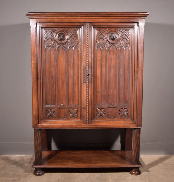 Large Antique French Gothic Revival Cabinet Highly Carved in Walnut Wood