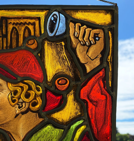 13" Tall Vintage Belgian Stained/Leaded Glass Panel of a Man with Bells