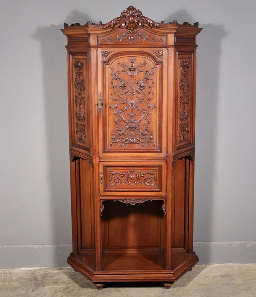 71" Tall Antique French Solid Walnut Wood Highly Carved Renaissance Cabinet
