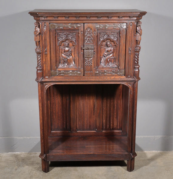 Antique French Gothic Revival Cabinet Highly Carved in Oak Wood w/Figures