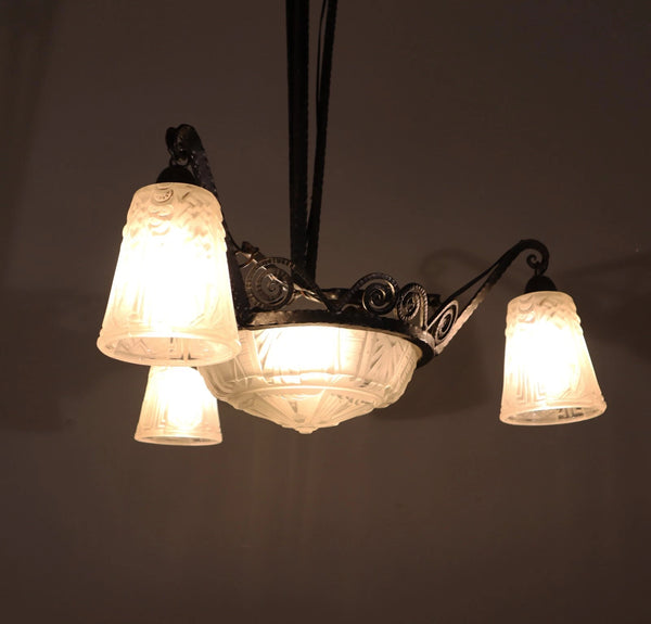 Antique French Art Deco Chandelier with Frosted Glass and Iron by Muller Freres