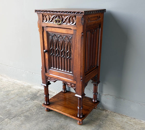 Antique French Gothic Solid Walnut Night Stand/Cabinet With Detailed Carvings