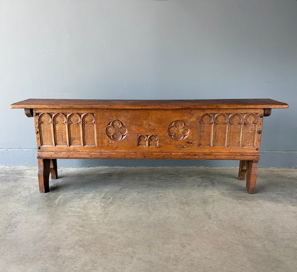 Antique French Gothic Revival Solid Oak Wood Storage Bench/Settee/Chair Rustic