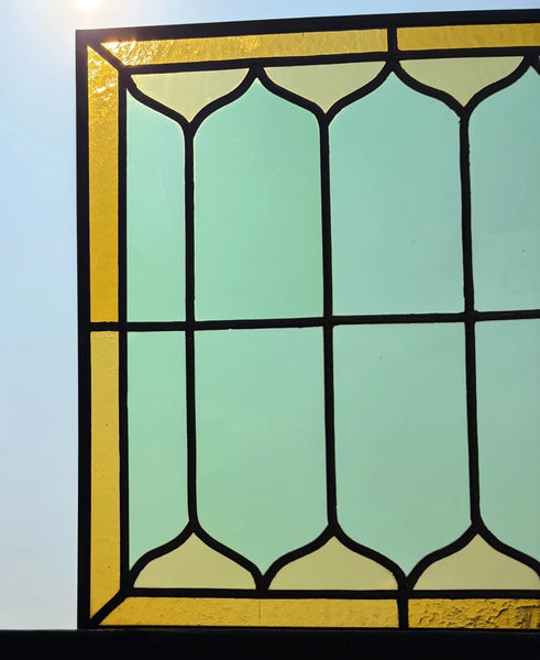 40" Wide Antique French Stained Glass Window Panel with Green & Yellow Glass
