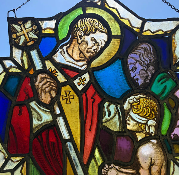 16" Tall Vintage Belgian Stained/Leaded Glass Panel of a Saint Healing the Blind