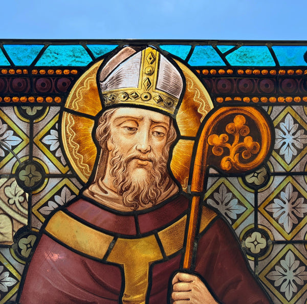 38" Wide Antique Stained/Leaded Glass Panel of Saint Highly Detailed