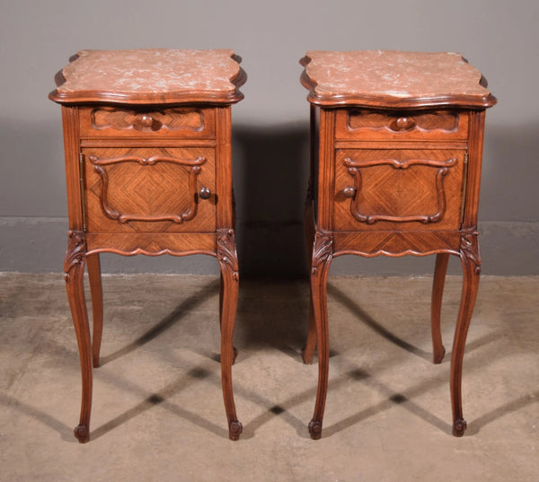 Pair of Antique French Louis XV Nightstands in Walnut with Marble Tops
