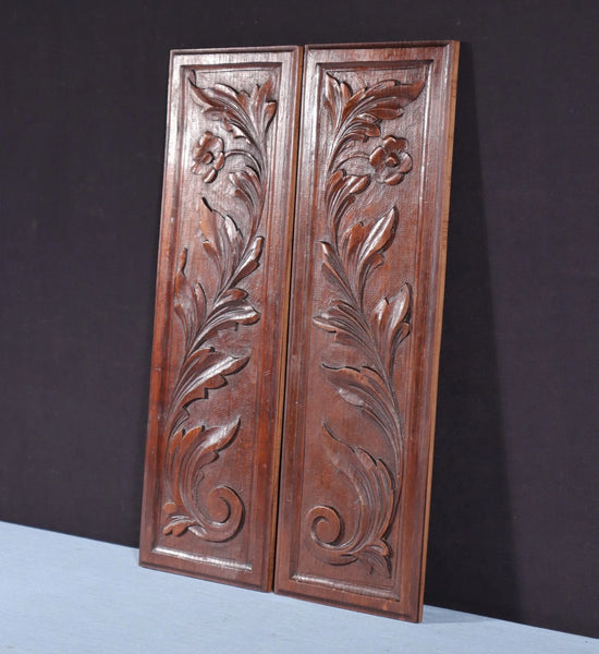 Pair of Antique French Solid Chestnut Wood Highly Carved Panels with Flowers
