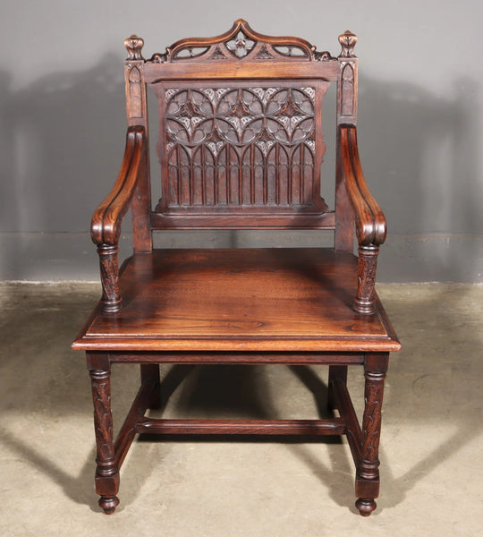 Share French Antique Gothic Revival Chestnut Arm Chair Carved Wood Desk Chair