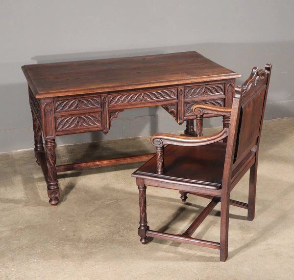 French Antique Gothic Revival Desk with Chair in Solid Carved Chestnut Wood