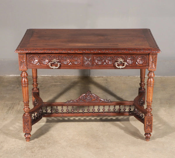 Antique French Breton Desk/Library Table in Solid Chestnut Wood with Carvings
