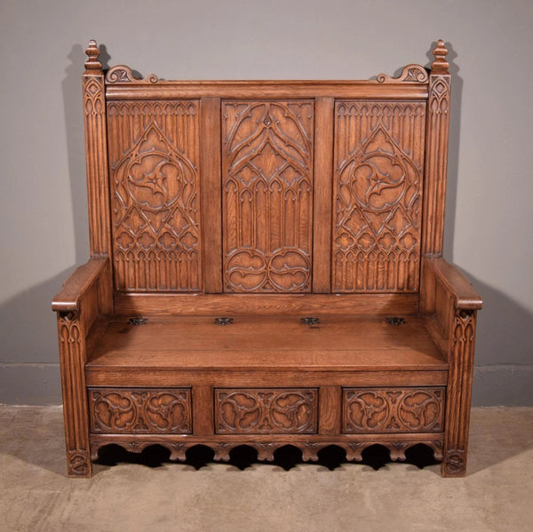 Vintage French Gothic Revival Oak Wood Bench/Settee/Chair Highly Carved