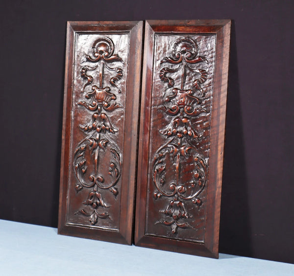 21" Tall Pair of Antique French Solid Walnut Wood Highly Carved Panels