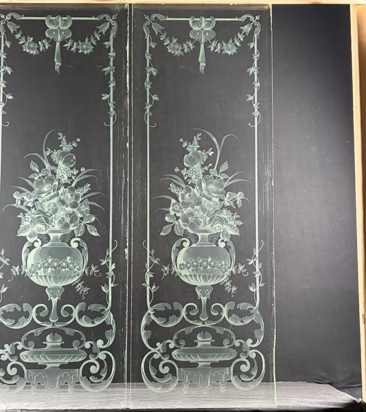 47" Tall Pair of Antique French Etched Beveled Glass Windows Frosted Glass