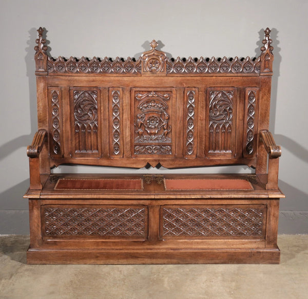 Antique French Gothic Revival Walnut Wood Bench/Settee/Chair Highly Carved