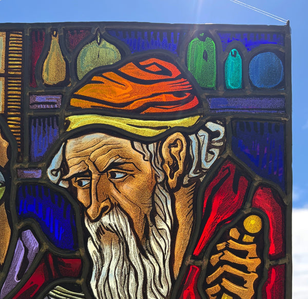 13" Tall Vintage Belgian Stained/Leaded Glass Panel Of an Alchemist by AR 1956