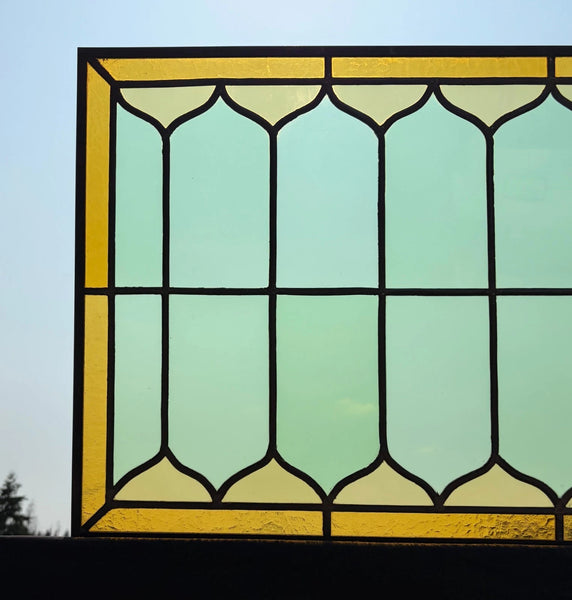 39" Wide Antique French Stained Glass Window Panel with Green & Yellow Glass