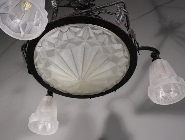 Antique French Art Deco Chandelier with Frosted Glass and Iron Signed by Degué