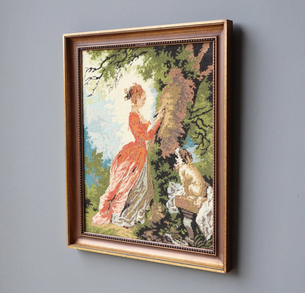 Vintage French Framed Needle Point of Fragonard's "Le Chiffre D'amour"