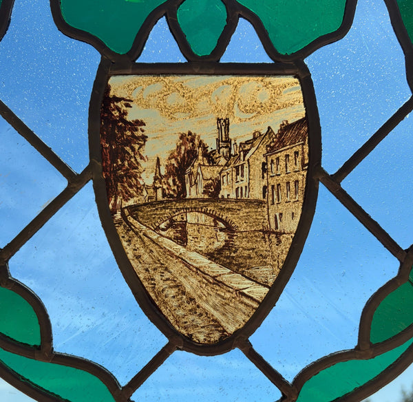 31" Tall Vintage Belgian/Flanders Stained/Leaded Glass Panel of Bruges Belgium
