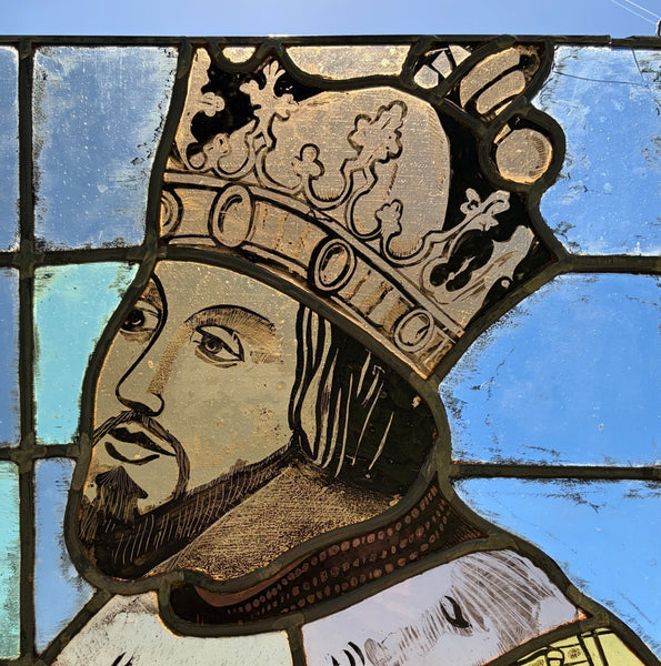 15" Tall Vintage French Stained/Leaded Glass Panel Of Charles the Great