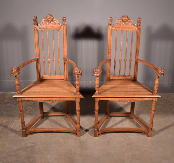 Pair of Antique Renaissance Revival Arm Chairs Solid Walnut Hand Carved Jesters