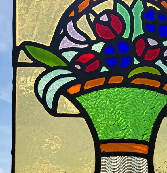 15" Tall Antique French Art Deco Stained/Leaded Glass Panel of Flowers