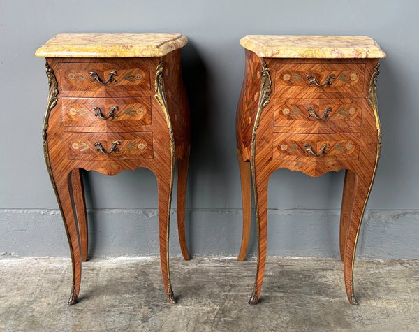 Pair of 30" Tall Antique French Louis XV Inlayed Nightstands with Marble Tops