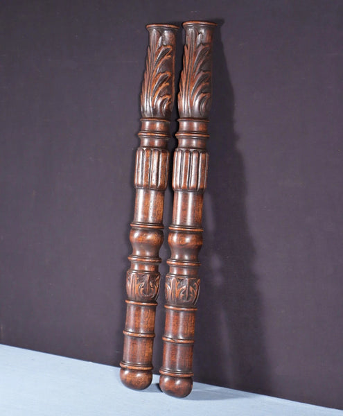 Pair of 27" Vintage French Solid Oak Wood Gothic Posts/Pillars/Columns