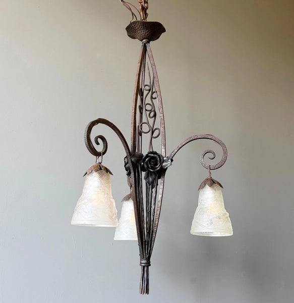 33" Tall Antique French Iron Art Deco Chandelier with Frosted Glass and Roses