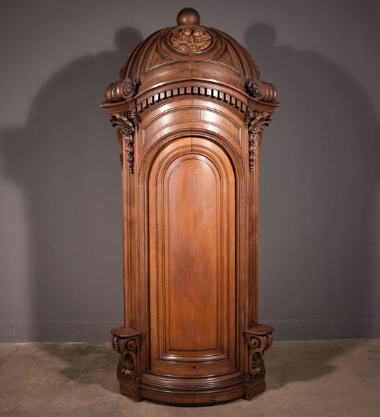 93" Tall Antique French Solid Oak Church Statuary Cabinet with Rotating Door
