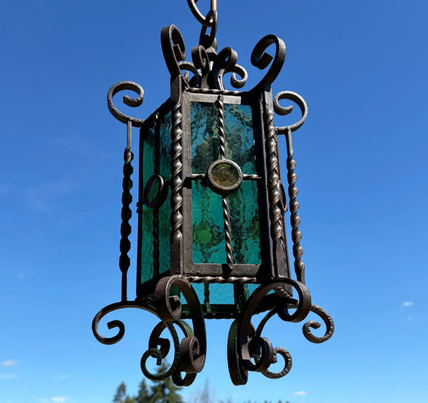 20" Tall Vintage French Iron and Stained Glass Hanging Chandelier/Pendant Lamp