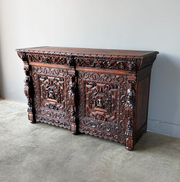 1700's Antique French Renaissance Sideboard in Solid Wood Oak Highly Carved