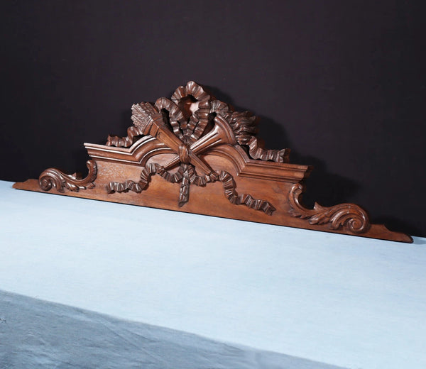 46" Wide Antique French Solid Walnut Wood Louis XVI Highly Carved Detailed Crest