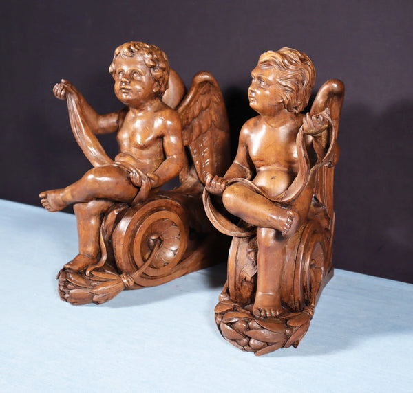 13" Tall Pair of French Antique Solid Walnut Wood Highly Carved Cherubs